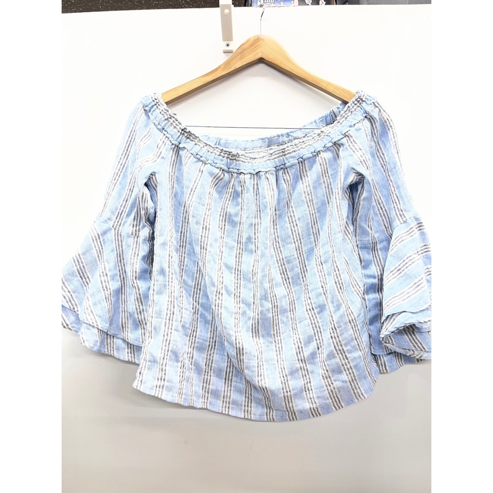 Lucky Brand Womens Blue White Striped Off Shoulder Bell Sleeve Blouse Medium